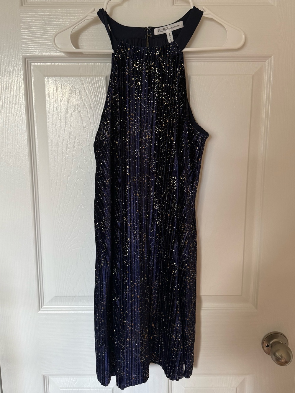 BCBGeneration Navy Gold Glitter Halter Mini Dress